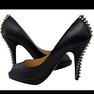 BCBG Max Black Leather Peep Toe Stud Spiked Halloween Dom Stilettoes Heels 9